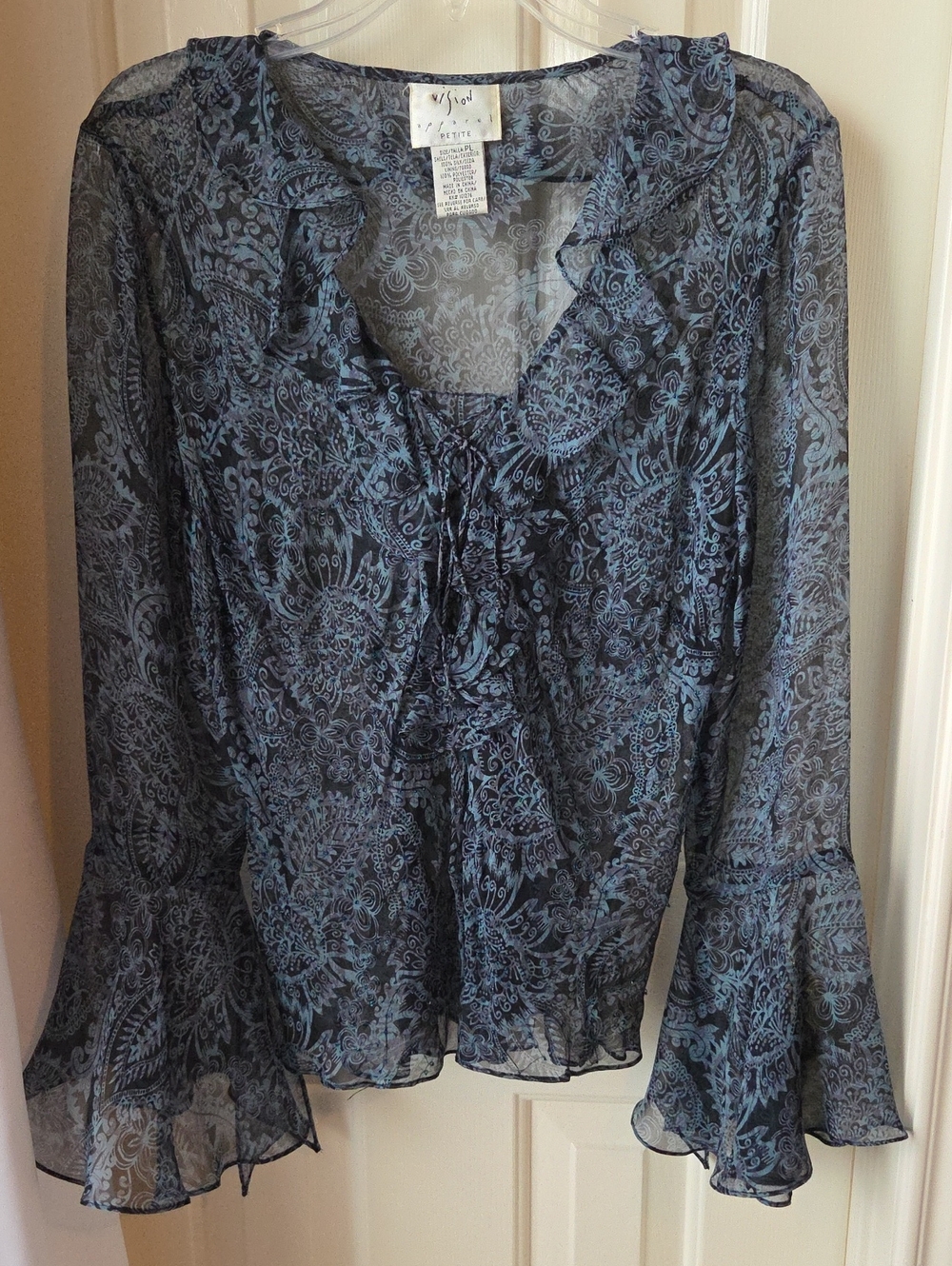 Vision Apparel Navy Blue Paisley Ruffle Tie-Front Blouse